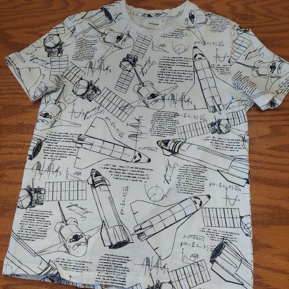 Reserved Space Themed Mens T-shirt Shuttle Satellite Air Craft Size Medium